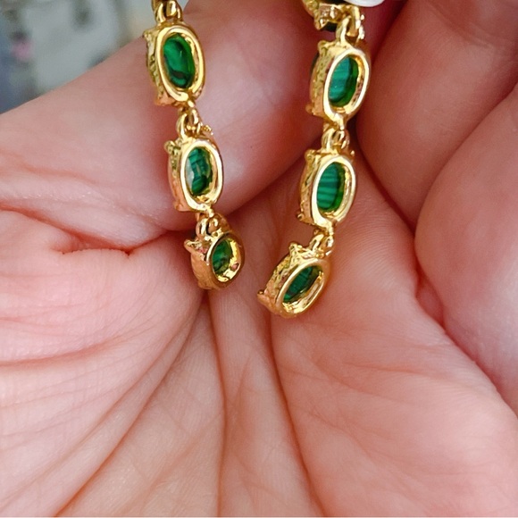 18k gold plated Malachite green oval 2” dangle earrings gemstone - Picture 2 of 3
